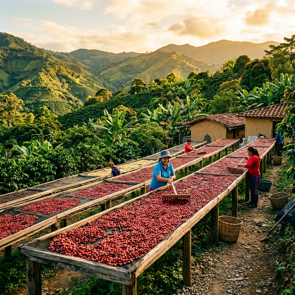 Proceso artesanal de secado de café en camas africanas, Frutalkemy Colombia